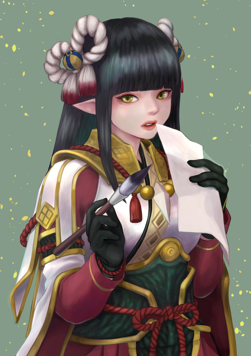 absurdres black_gloves black_hair blunt_bangs expressionless female gloves green_background hair_ornament highres holding jiimusume long_hair looking_at_viewer minoto monster_hunter_(series) monster_hunter_rise open_mouth paintbrush paper pointy_ears simple_background solo upper_body yellow_eyes