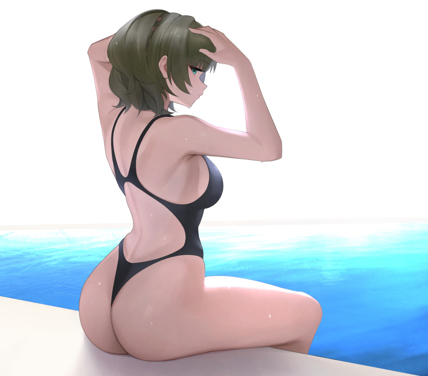 aqua_eyes arms_up ass black_one-piece_swimsuit breasts closed_mouth commentary_request competition_swimsuit female from_behind grey_hair hand_in_own_hair highres idolmaster idolmaster_cinderella_girls large_breasts looking_at_viewer looking_back medium_hair one-piece_swimsuit one-piece_thong profile senju_(snz0) sitting solo swimsuit takagaki_kaede thighs water wet