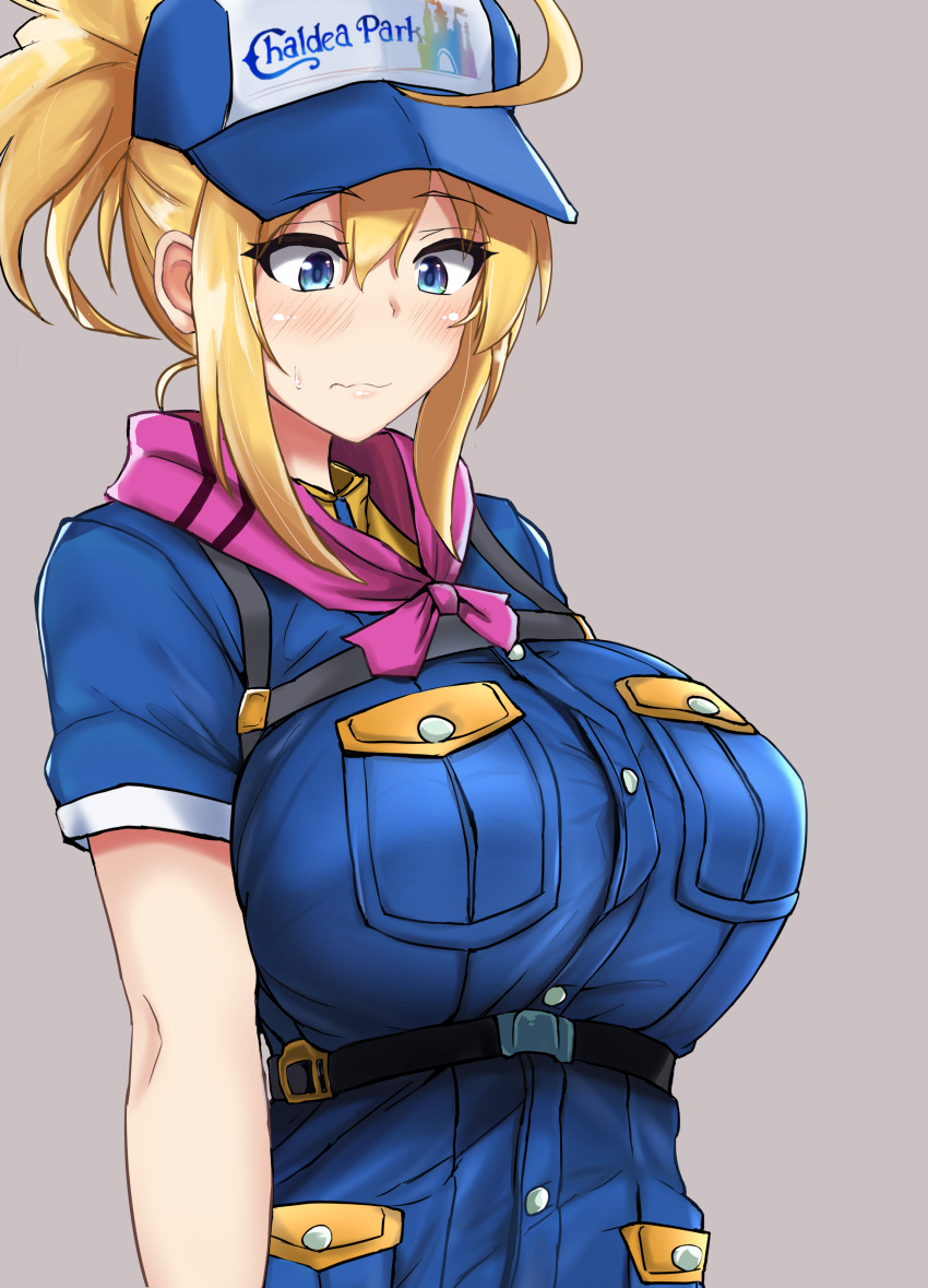 absurdres ahoge artoria_pendragon_(fate) baseball_cap blonde_hair blue_eyes blue_hat blush breasts fate/grand_order fate_(series) female hair_between_eyes hair_through_headwear hat highres large_breasts long_hair mysterious_heroine_xx_(fate) mysterious_heroine_xx_(festival_outfit)_(fate) ponytail poshi_(ginmokusei) sidelocks solo