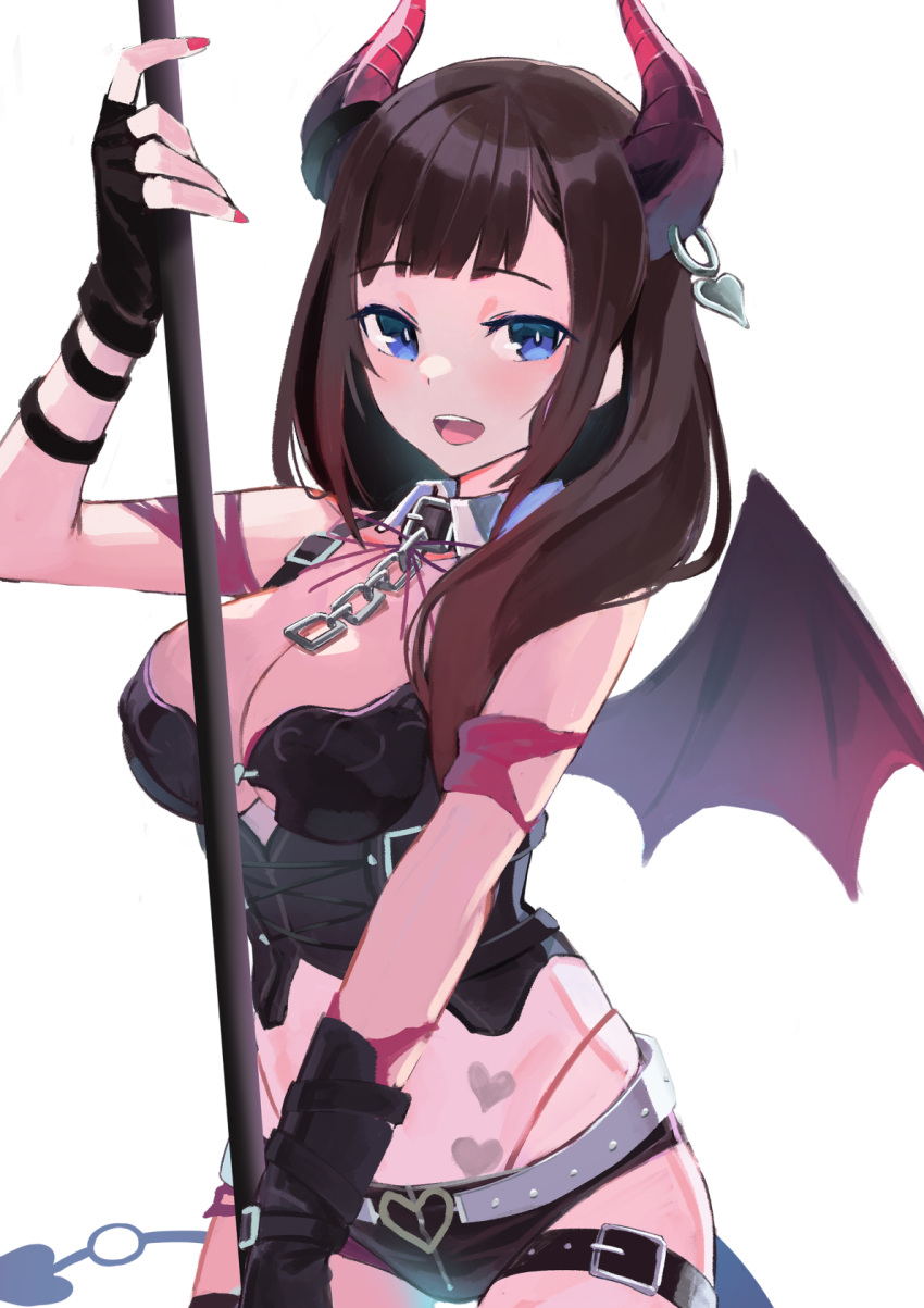 322ojisan alternate_costume black_gloves black_shorts blue_eyes breasts brown_hair chains cleavage clothing_cutout demon_girl demon_horns demon_wings female fingerless_gloves gloves heart highres horn_ornament horn_piercing horns large_breasts long_hair looking_at_viewer nail_polish navel navel_cutout nijisanji red_nails short_shorts shorts simple_background suzuka_utako suzuka_utako_(11th_costume) tattoo thigh_strap thighs thong virtual_youtuber white_background wings