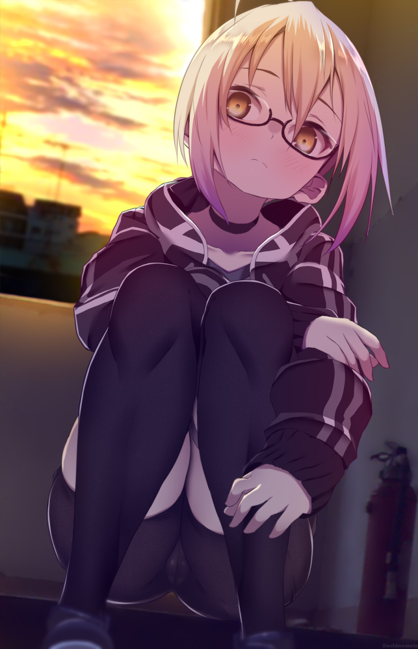 ahoge artoria_pendragon_(fate) ashino_moto bike_shorts black-framed_eyewear black_jacket black_legwear black_ribbon black_shorts blonde_hair blush braid breasts closed_mouth drawstring fate/grand_order fate_(series) female french_braid hair_between_eyes hair_bun hair_ribbon highres hood hooded_jacket jacket knees_up large_breasts long_hair long_sleeves looking_at_viewer mysterious_heroine_x_alter_(fate) mysterious_heroine_x_alter_(second_ascension)_(fate) orange_sky ribbon semi-rimless_eyewear shorts sidelocks single_hair_bun sky squatting thighhighs track_jacket twilight under-rim_eyewear window yellow_eyes