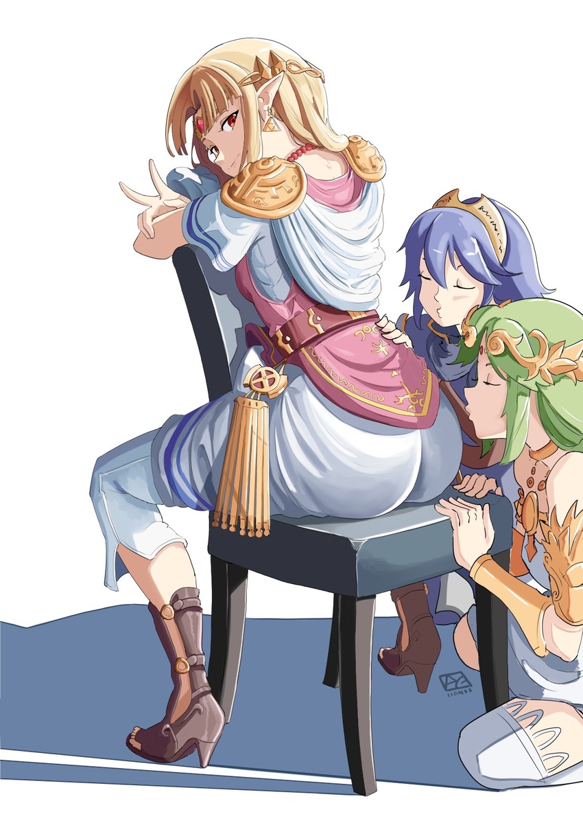 3girls ancient_greek_clothes armlet artist_logo ass ass_focus automatic_giraffe bare_shoulders blonde_hair blue_hair breasts brown_footwear chains chair chiton circlet collarbone dated diadem dress earrings fire_emblem fire_emblem_awakening forehead_jewel from_behind full_body gold_chain gold_choker greco-roman_clothes green_hair high_heels highres jewelry kid_icarus kid_icarus_uprising leaning_forward looking_at_viewer looking_back lucina_(fire_emblem) medium_breasts meme multiple_girls neck_ring necklace o3o palutena pants parted_bangs pendant pink_shirt pointy_ears princess_zelda sandals shadow shirt short_sleeves sidelocks simple_background sitting sitting_backwards strapless strapless_dress super_smash_bros. the_legend_of_zelda the_legend_of_zelda:_a_link_between_worlds tiara toes triforce triforce_earrings v vambraces white_background white_dress white_pants yuri zeldass_(meme)