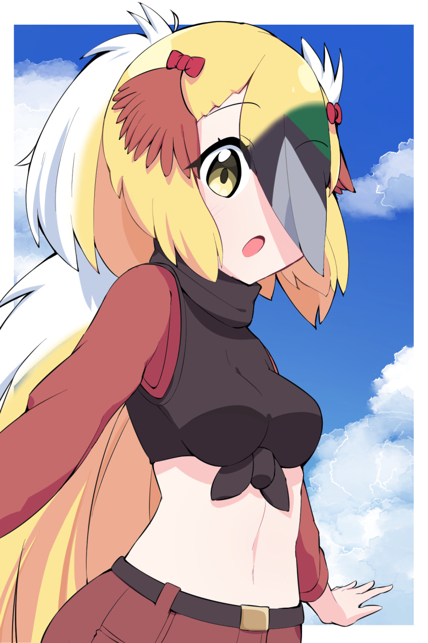 :o bad_id bad_pixiv_id black_hair blonde_hair blush breasts brown_eyes commentary female greater_bird-of-paradise_(kemono_friends) green_hair grey_hair hair_over_one_eye head_wings highres kemono_friends long_hair long_sleeves looking_at_viewer medium_breasts midriff multicolored_hair navel open_mouth outdoors shirt solo takom tied_shirt two-tone_hair wings