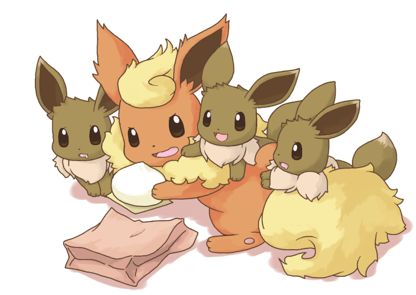 2011 bodily_fluids brown_body brown_eyes brown_fur drooling eevee eeveelution flareon food fur generation_1_pokemon group holding_food holding_object nintendo orange_body orange_fur paper_bag pokemon pokemon_(species) saliva size_difference steamed_bun wadorigi