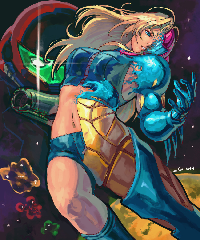 1other absurdres arm_cannon armor assault_visor blonde_hair blue_eyes blue_visor crop_top dissolving_clothes female fusion_suit glowing glowing_eyes green_visor helmet highres kornart long_hair looking_at_viewer metroid metroid_fusion midriff navel parted_lips planet power_armor sa-x samus_aran science_fiction short_shorts shorts space stomach weapon x_parasite