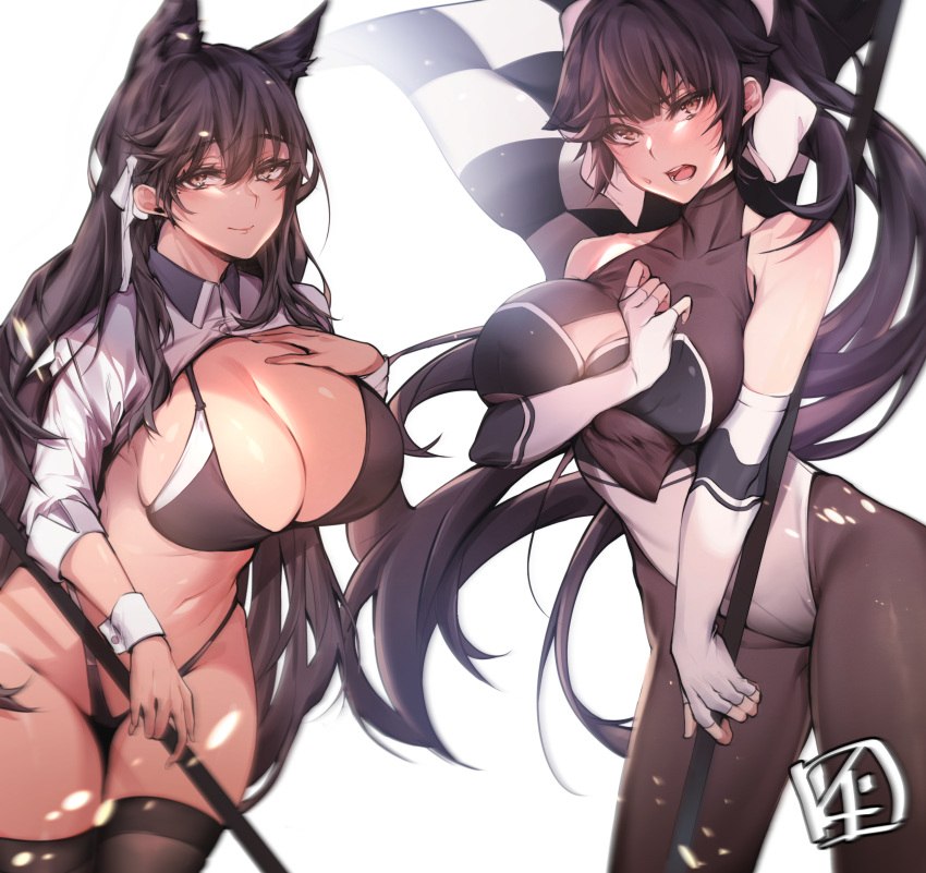 2girls absurdres animal_ears atago_(azur_lane) atago_(stunning_speedster)_(azur_lane) azur_lane bikini black_hair black_pantyhose black_thighhighs bow breasts brown_eyes checkered_flag chickenvomit cleavage cleavage_cutout clothing_cutout commentary_request cowboy_shot dog_ears elbow_gloves extra_ears fingerless_gloves flag gloves hair_flaps highleg highleg_bikini highleg_swimsuit highres large_breasts long_hair looking_at_viewer mole mole_under_eye multicolored_leotard multiple_girls navel_cutout official_alternate_costume pantyhose ponytail race_queen ribbon shrug_(clothing) simple_background sleeve_cuffs standing swept_bangs swimsuit takao_(azur_lane) takao_(full_throttle_charmer)_(azur_lane) thighhighs two-tone_bikini two-tone_leotard white_background white_bow white_gloves white_ribbon wrist_cuffs