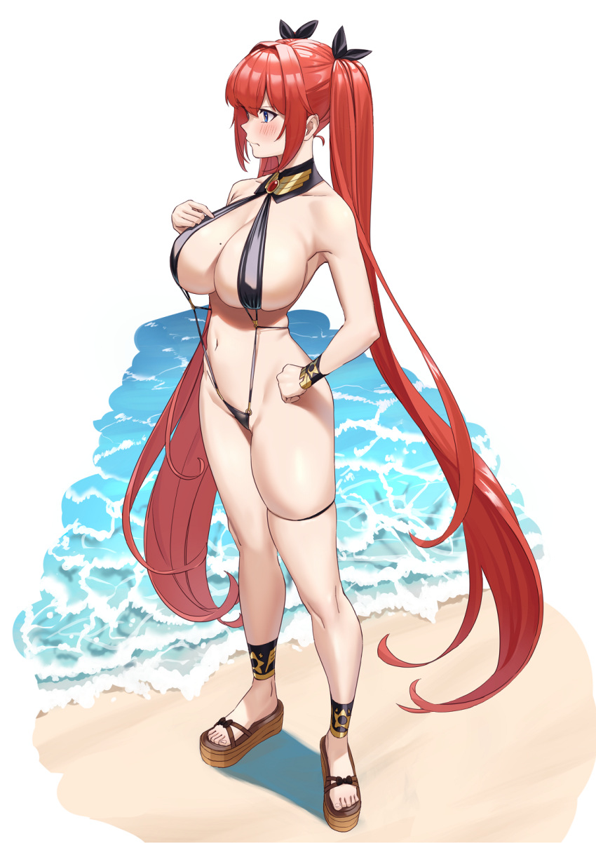 bangle beach bikini black_bikini black_ribbon blue_eyes blush bracelet breasts cleavage clenched_hand closed_mouth commentary embarrassed female frown full_body hair_between_eyes hair_ribbon hand_on_own_chest hand_on_own_hip highleg highleg_bikini highres jewelry large_breasts last_origin legs linked_bikini long_hair may_of_doom miman_(hasutaro_stream) mole mole_on_breast navel ocean official_alternate_costume platform_footwear red_hair revealing_clothes ribbon sand sandals skindentation sling_bikini_top solo standing swimsuit toenails toes twintails very_long_hair water