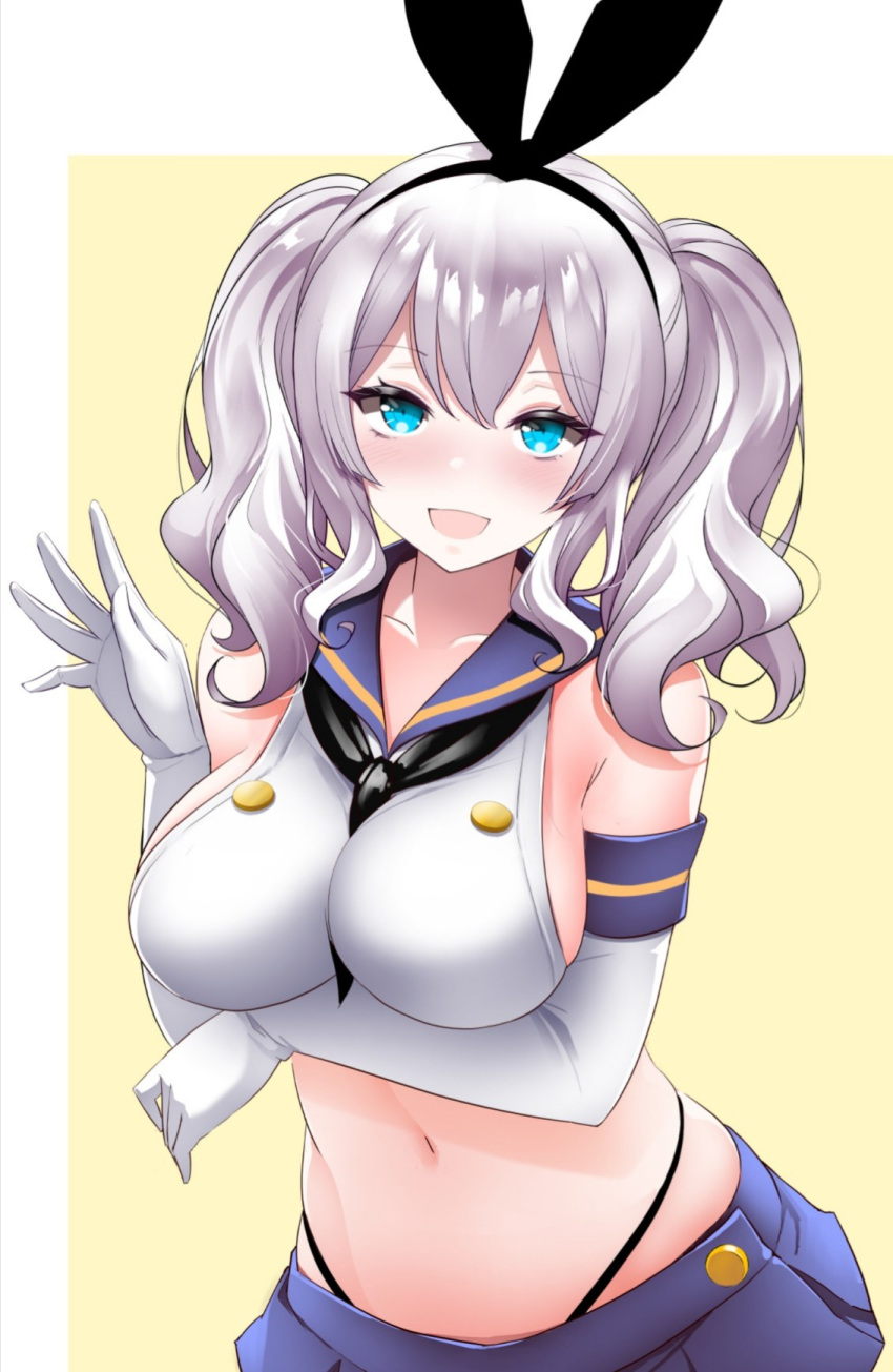 black_panties blue_eyes blue_skirt breasts cosplay crop_top elbow_gloves female gloves grey_hair hairband highleg highleg_panties highres kantai_collection kashima_(kancolle) kirigakure_(kirigakure_tantei_jimusho) large_breasts microskirt navel panties sailor_collar shimakaze_(kancolle) shimakaze_(kancolle)_(cosplay) sidelocks skirt solo thong twintails underwear wavy_hair white_gloves