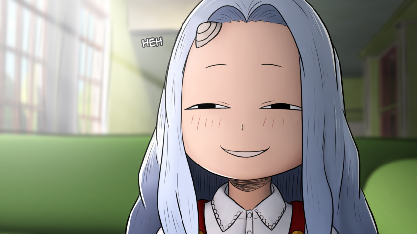 anya's_heh_face_(meme) black_eyes boku_no_hero_academia commentary couch creepy_eyes curtains derivative_work door english_commentary english_text eri_(boku_no_hero_academia) female forehead greatm8 grey_hair grin half-closed_eyes highres horns indoors long_hair looking_at_viewer meme parody parted_lips photoshop_(medium) shirt single_horn sitting smile smirk solid_circle_eyes solo source_filmmaker_(medium) spy_x_family suspenders white_shirt window wing_collar