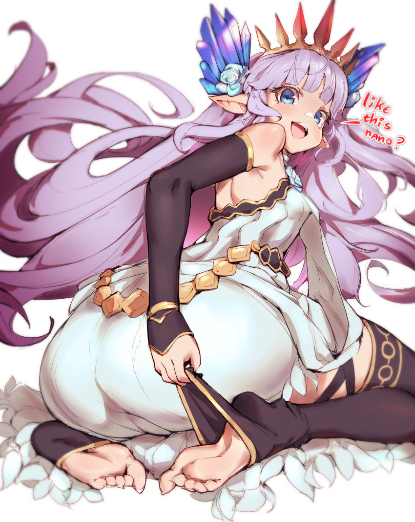 :d absurdres armpits ass bare_shoulders barefoot belly_chain black_thighhighs blue_eyes crystal detached_sleeves dress english_text feet female gem granblue_fantasy highres jewelry light_purple_hair lily_(granblue_fantasy) long_hair long_pointy_ears looking_back penguru_086 pointy_ears simple_background sitting smile soles solo strapless strapless_dress thighhighs tiara toeless_legwear toes very_long_hair wariza white_background