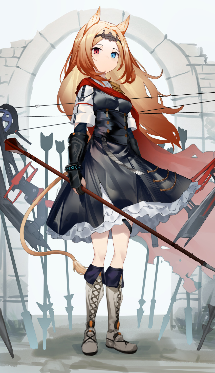 absurdres animal_ears archetto_(arknights) arknights arrow_(projectile) black_dress black_gloves black_wristband blue_eyes boots bow_(weapon) breasts brown_hair buttons cape cine_(wazd0183) compound_bow dress female fingerless_gloves full_body gloves grey_hair heterochromia highres holding holding_arrow holding_bow_(weapon) holding_weapon infection_monitor_(arknights) lion_tail long_hair looking_at_viewer oversized_object planted planted_arrow red_cape red_eyes small_breasts solo standing tail tiara very_long_hair weapon