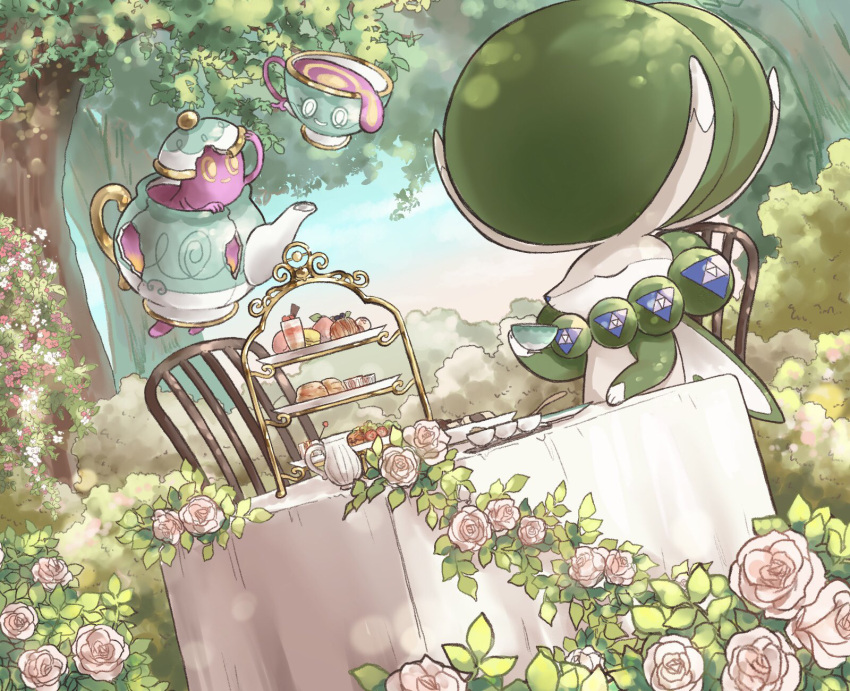 bush calyrex chair closed_eyes closed_mouth commentary_request cup day flower food highres holding holding_cup leaf mont_blanc_(food) no_humans outdoors pokemon pokemon_(creature) polteageist ringo_cha rose sinistea sitting sweets table tea_party teacup teapot tiered_tray tree u_u white_flower white_rose