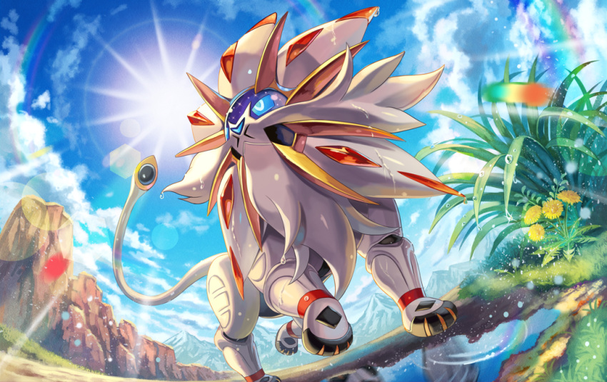 blue_eyes blue_sky cloud commentary_request dandelion day dutch_angle flower from_below lens_flare madopen mane mountain mountainous_horizon no_humans outdoors plant pokemon pokemon_(creature) pokemon_sm puddle ripples rock sky solgaleo solo sun wet yellow_flower