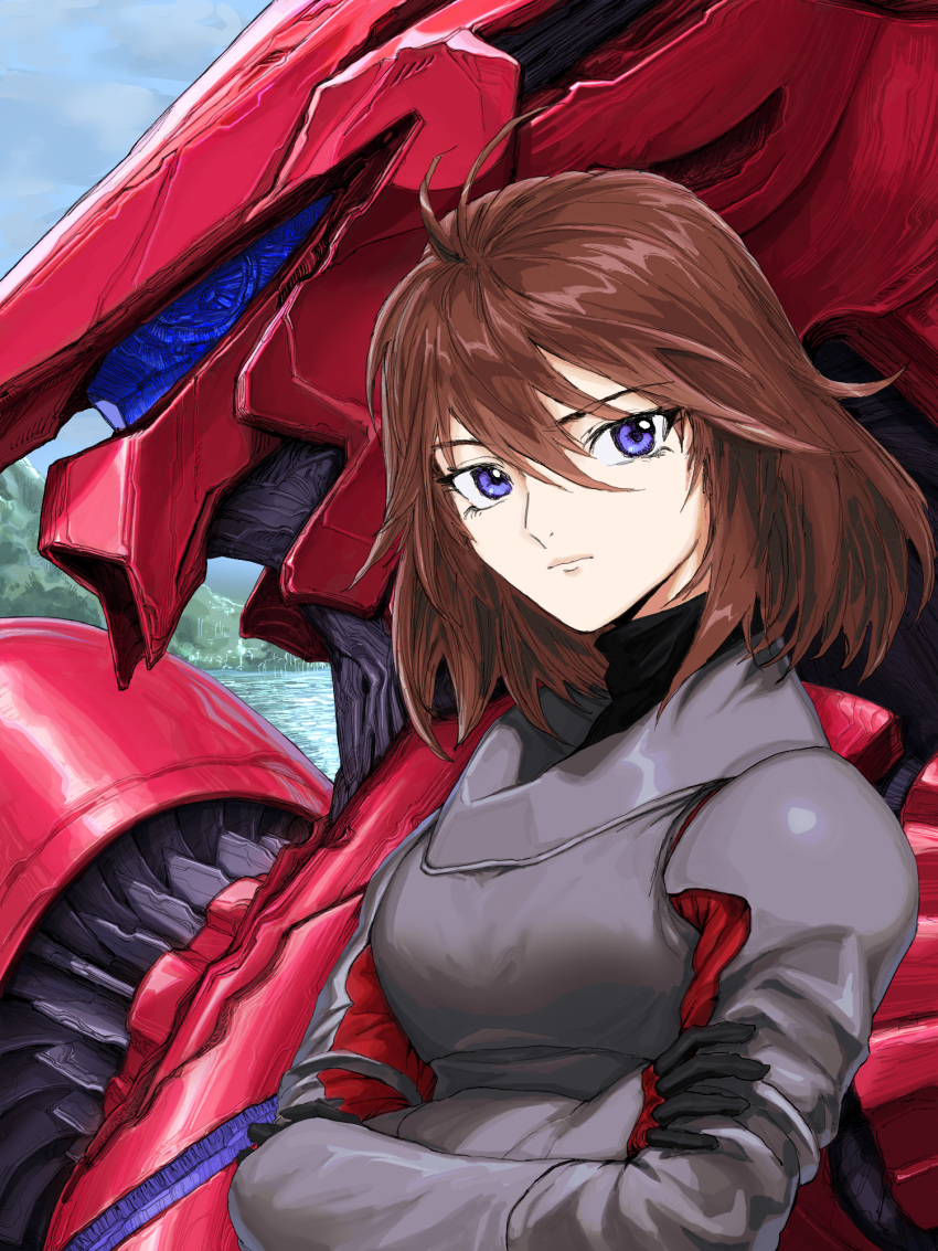 assault_visor bad_id bad_pixiv_id black_gloves blue_eyes brain_powered breasts brown_hair crossed_arms female gloves gran_cher hair_between_eyes highres mecha medium_breasts medium_hair orrdriver pilot_suit quincy_issa robot science_fiction sky water