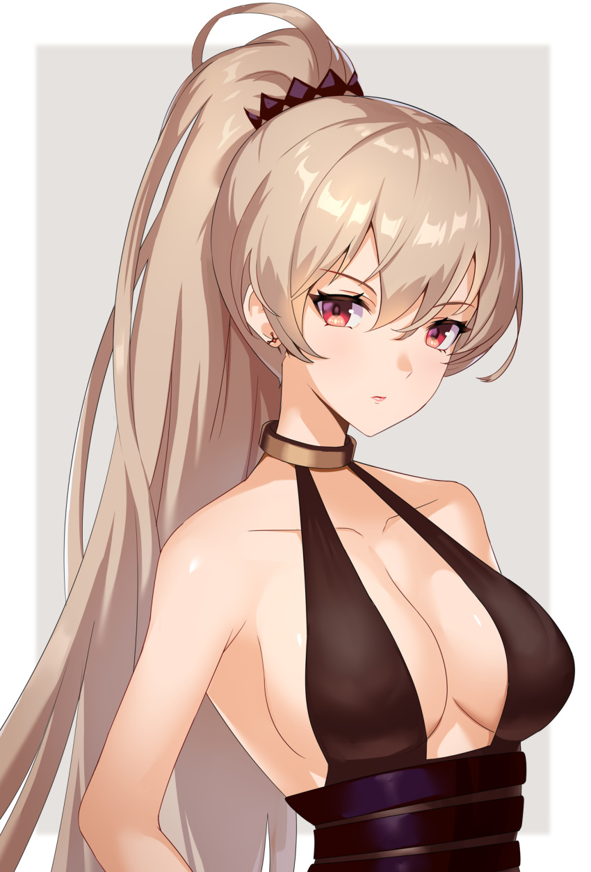 armpit_crease azur_lane backless_dress backless_outfit bare_arms bare_shoulders belt black_belt black_dress breasts brown_hair center_opening cleavage closed_mouth collarbone commentary_request cross cross_earrings dress earrings female hair_between_eyes hair_ornament halter_dress halterneck high-waist_sideboob high_ponytail highres jean_bart_(azur_lane) jean_bart_(uninhibited_bloodstone)_(azur_lane) jewelry lips long_hair looking_at_viewer medium_breasts no_bra official_alternate_costume ponytail red_eyes sideboob sidelocks sleeveless sleeveless_dress solo upper_body very_long_hair zukanosuke