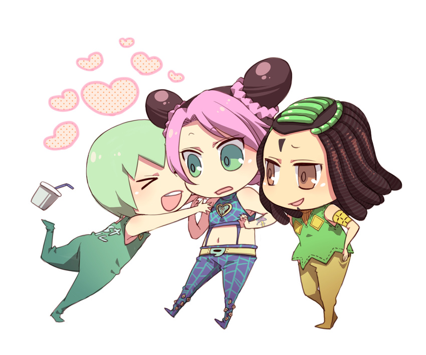 >_< 3girls black_hair brown_eyes chibi closed_eyes commentary_request cone_hair_bun double_bun drink ermes_costello foo_fighters_(jojo) glomp green_eyes green_hair hair_bun hanaichi_(hana13) hand_on_own_hip heart hug jojo_no_kimyou_na_bouken kujo_jolyne markings midriff multiple_girls navel open_mouth orange_eyes pink_hair simple_background smile stone_ocean