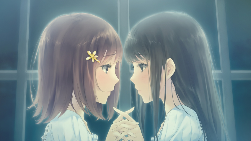 2girls black_eyes black_hair blush brown_hair eye_contact eyelashes face-to-face flowers_(innocent_grey) game_cg hair_ornament hairclip holding_hands interlocked_fingers kousaka_mayuri long_hair looking_at_another moonlight multiple_girls night official_art official_wallpaper portrait shirahane_suou short_hair sugina_miki window yuri