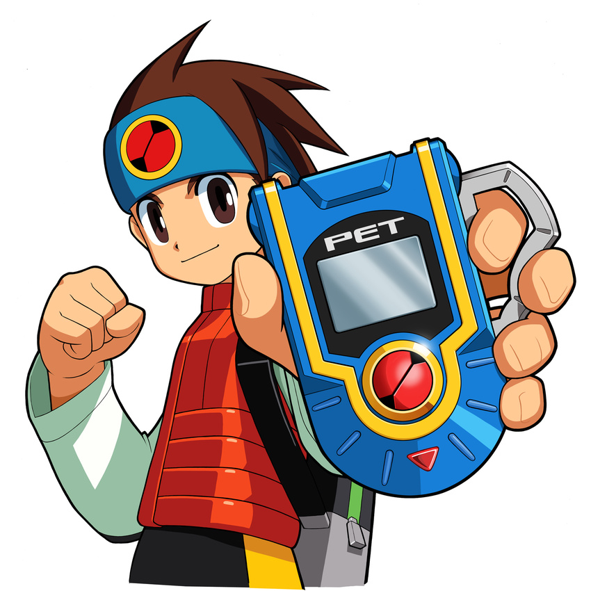 1boy artist_request brown_eyes brown_hair fingernails headband highres holding lan_hikari_(mega_man) long_sleeves male_focus mega_man_(series) mega_man_battle_network_(series) official_art personal_terminal photoshop_(medium) solo vest white_background