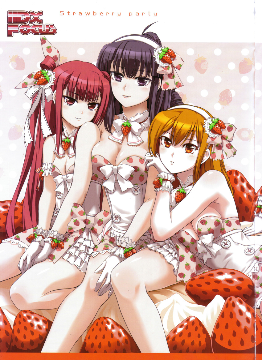 3girls absurdres beatmania_iidx bemani bow bowtie breasts cleavage dress food food-themed_clothes food_print frilled_gloves frilled_skirt frills fruit gloves goli_matsumoto hair_ribbon highres looking_at_viewer multiple_girls official_art orange_hair print_ribbon print_skirt purple_hair red_hair ribbon skirt small_breasts smile strawberry strawberry_print umegiri_ameto umegiri_hifumi umegiri_iroha white_dress white_gloves