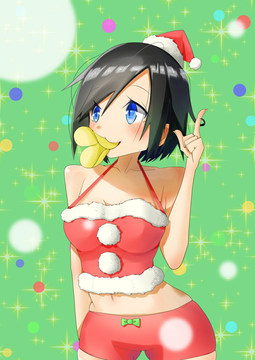 black_hair blue_hair breasts christmas female kingdom_hearts pringle_duck pringles santa_hat santa_suit short_hair shorts solo xion_(kingdom_hearts)