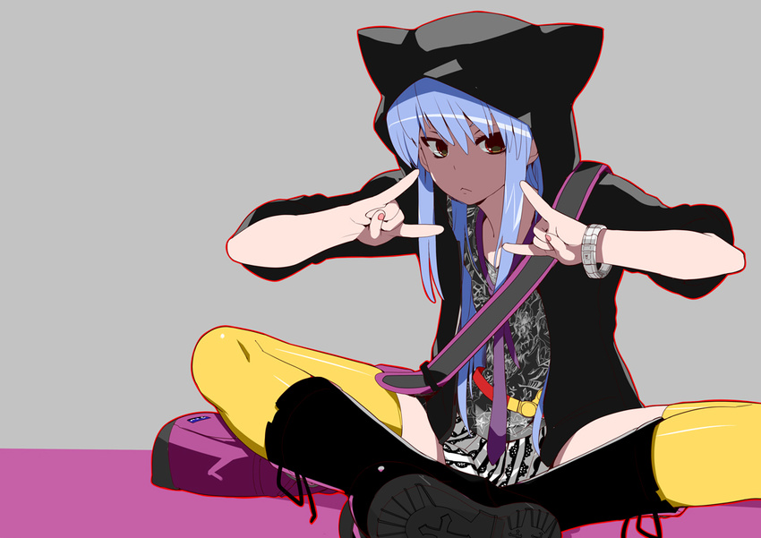 \n/ amatsuka_tsurara baby_princess blue_hair bracelet commentary_request female hood hooded_jacket hoodie indian_style jacket jewelry kusaka_souji nail_polish red_eyes sitting skirt solo thighhighs yellow_thighhighs