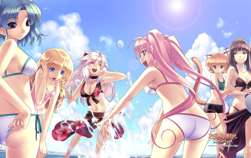 2010 6+girls :d adjusting_clothes adjusting_swimsuit agarest_senki_(series) agarest_senki_zero alice_(agarest_senki_zero) animal_ears aqua_hair arm_grab ass ball beachball bikini bikini_shorts blonde_hair blue_eyes braid breasts brown_eyes brown_hair cat_ears cat_tail cleavage company_name copyright_name day friedelinde_(agarest_senki_zero) front-tie_top happy highres hirano_katsuyuki holding holding_ball holding_beachball lens_flare long_hair medium_breasts mimel_(agarest_senki_zero) multiple_girls navel ocean official_art open_mouth photoshop_(medium) pink_hair routier_(agarest_senki_zero) sarong sayane_(agarest_senki_zero) short_hair shorts side-tie_bikini_bottom sky small_breasts smile splashing sun swimsuit tail tankini tetra_(agarest_senki_zero) twintails white_hair