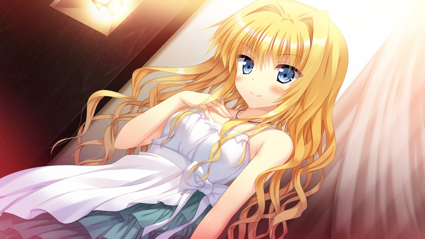 bare_shoulders blonde_hair blue_eyes blush casual dress dutch_angle eve_elain_austin female game_cg hair_intakes hand_on_own_chest highres jewelry koiken_otome lamp long_hair looking_at_viewer necklace official_art smile solo tateha_(marvelous_grace) wavy_hair