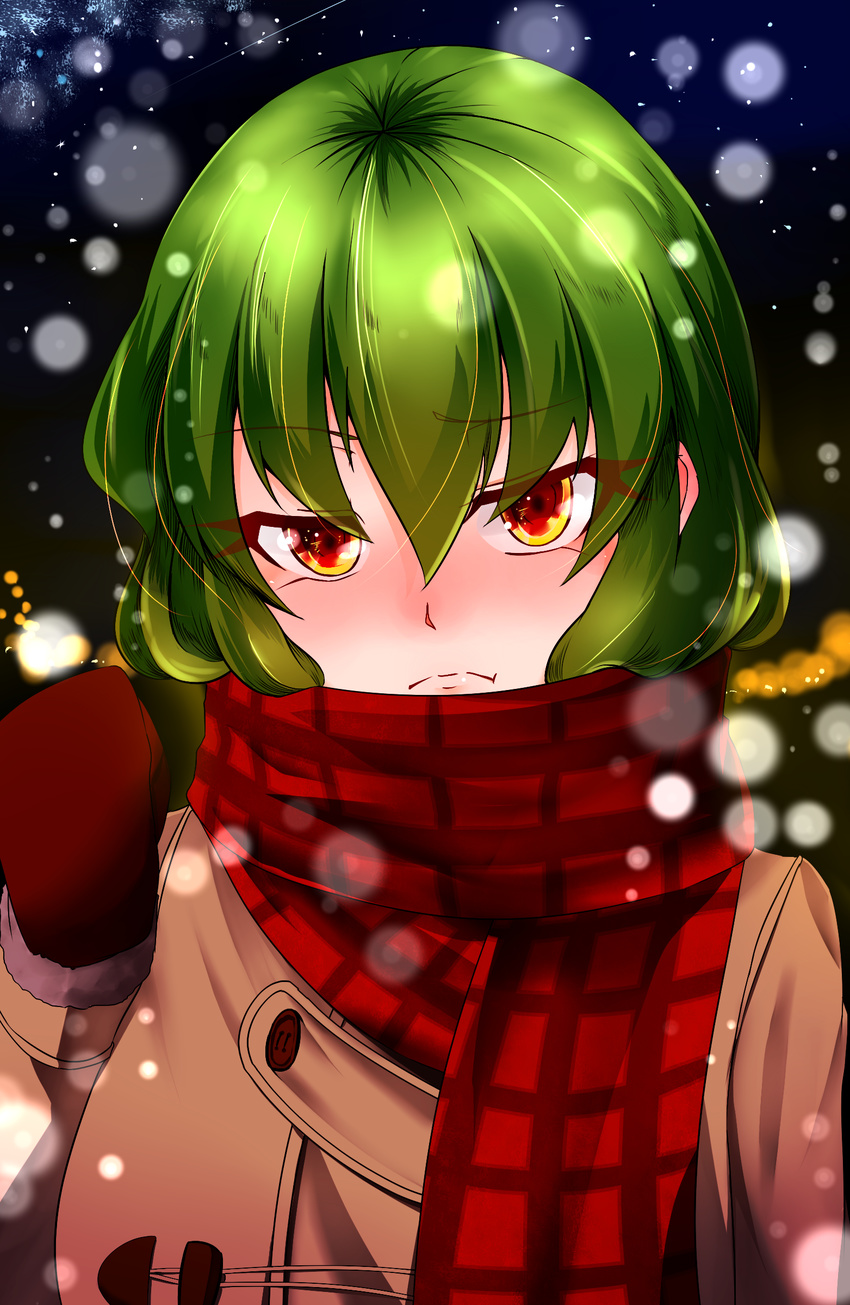 absurdres alternate_costume blush brown_coat brown_gloves buttons coat commentary_request female frown full-face_blush gloves green_hair hair_between_eyes highres itocoh kazami_yuuka light_particles looking_at_viewer orange_eyes plaid plaid_scarf pout red_scarf scarf short_hair solo touhou upper_body winter_clothes