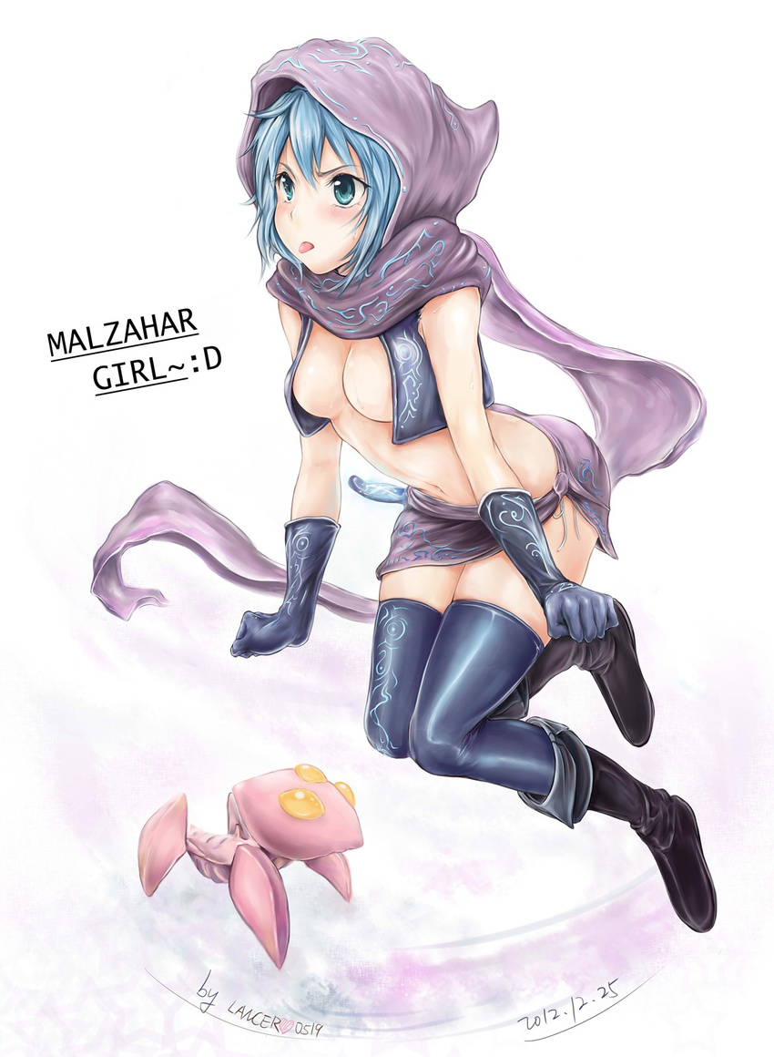 blue_hair blue_thighhighs blush boots breasts cape character_name cleavage commentary_request crop_top english_text erementa female full_body genderswap_(mtf) gloves green_eyes highres hood league_of_legends malzahar medium_breasts midriff navel open_clothes rule_63 short_hair signature solo thighhighs tongue voidling