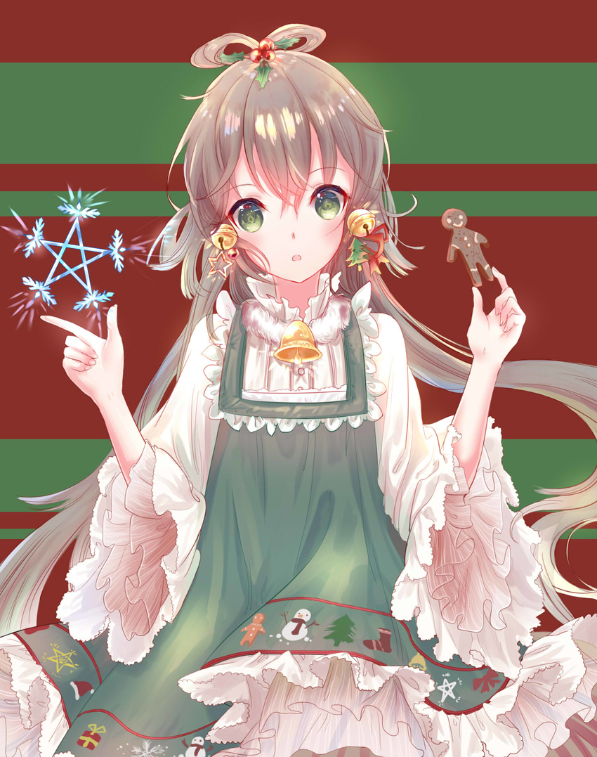 :o bell blush brown_hair commentary dress female fingernails food gingerbread_man green_dress green_eyes hair_bell hair_between_eyes hair_ornament head_tilt hexagram highres holding holding_food long_hair long_sleeves low_twintails luo_tianyi parted_lips shirt sidelocks solo star_(symbol) star_of_david twintails very_long_hair vocaloid vsinger white_shirt wide_sleeves yaduo