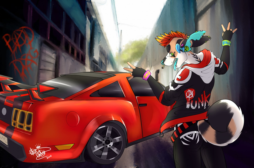 anthro canid canine captainchaos car clothed clothing facial_piercing ford ford_mustang male mammal nose_piercing piercing solo standing tongue tongue_out vehicle