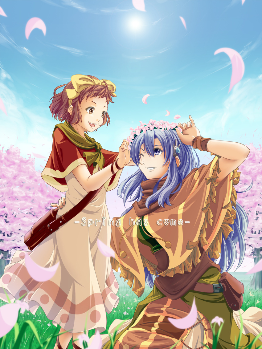 2girls blue_eyes blue_hair bow brown_eyes brown_hair commentary_request dress english_text flower fringe_trim hairbow highres long_hair maya_(ys) multiple_girls one_eye_closed poncho short_hair smile tia_(ys) tinybiard ys ys_seven