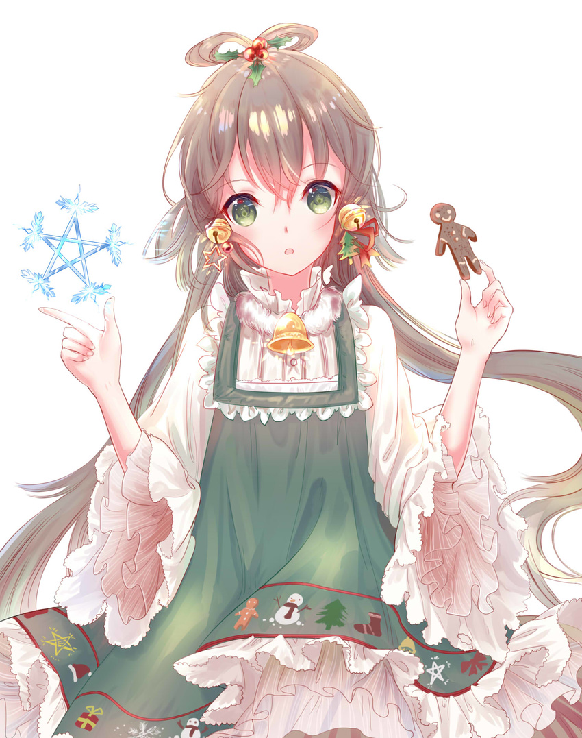 :o bell blush brown_hair commentary_request dress female fingernails food gingerbread_man green_dress green_eyes hair_bell hair_between_eyes hair_ornament head_tilt hexagram highres holding holding_food long_hair long_sleeves low_twintails luo_tianyi parted_lips shirt sidelocks simple_background solo star_(symbol) star_of_david twintails very_long_hair vocaloid vsinger white_background white_shirt wide_sleeves yaduo