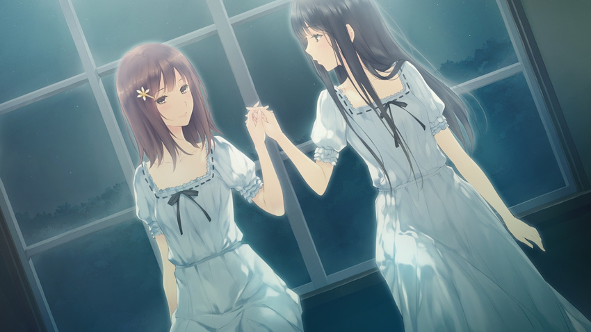 2girls black_hair brown_hair dress dutch_angle flowers_(innocent_grey) game_cg hair_ornament hairclip holding_hands interlocked_fingers kousaka_mayuri long_hair moonlight multiple_girls night official_art official_wallpaper profile puffy_short_sleeves puffy_sleeves ribbon-trimmed_clothes ribbon_trim shirahane_suou short_hair short_sleeves sitting sugina_miki white_dress window yuri