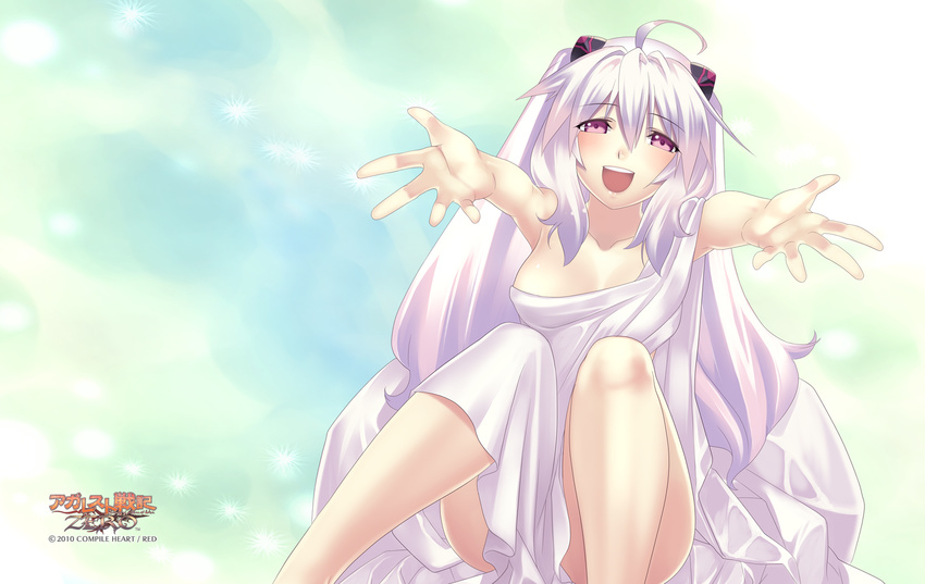 2010 :d agarest_senki_(series) agarest_senki_zero ahoge aqua_background company_name copyright_name female happy highres hirano_katsuyuki long_hair mimel_(agarest_senki_zero) naked_towel open_mouth outstretched_hand photoshop_(medium) purple_eyes smile solo towel white_hair