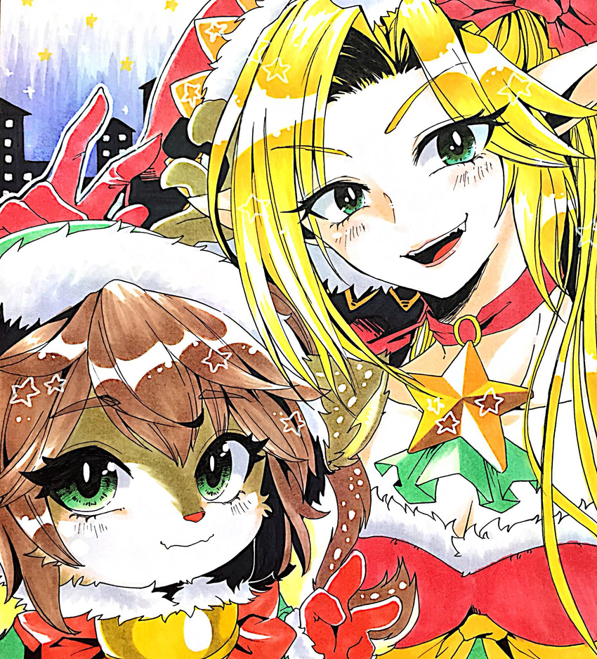 2girls alternate_hair_color ambitious_elf_jinx bell blonde_hair bow choker christmas fluffy_ears gloves jinx_(league_of_legends) league_of_legends long_hair multiple_girls oerba_yun_fang otani_(kota12ro08) pointy_ears poppy ribbon santa_hat twintails yordle