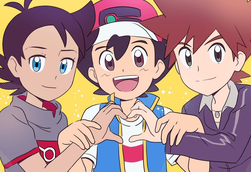 3boys :d antenna_hair baseball_cap black_eyes black_hair black_jacket blue_eyes blue_vest brown_eyes brown_hair couple dark-skinned_male dark_skin gary_oak goh_(pokemon) grey_shirt happy hat heart heart_hands highres holding_another's_wrist jacket jewelry korean_commentary long_sleeves looking_at_viewer male_focus multiple_boys necklace open_mouth pokemon pokemon_(anime) pokemon_journeys red_headwear rimmtha satoshi_(pokemon) shirt short_hair short_sleeves smile spiked_hair teeth upper_body upper_teeth_only vest white_shirt yaoi yellow_background