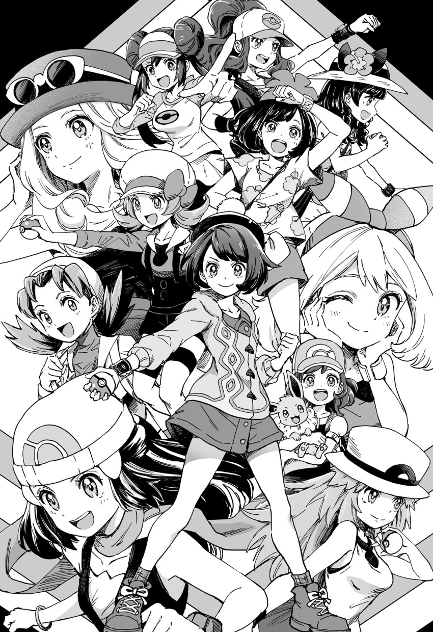 6+girls :d blush bob_cut boots buttons cardigan clenched_hand closed_mouth commentary dawn_(pokemon) dress dynamax_band eevee elaine_(pokemon) eyelashes gloria_(pokemon) greyscale hat highres hilda_(pokemon) holding holding_poke_ball holding_pokemon kris_(pokemon) leaf_(pokemon) looking_at_viewer lyra_(pokemon) may_(pokemon) monochrome multiple_girls open_mouth pantyhose poke_ball pokemon pokemon_(creature) pokemon_bw pokemon_bw2 pokemon_dppt pokemon_frlg pokemon_gsc pokemon_hgss pokemon_lgpe pokemon_oras pokemon_sm pokemon_swsh pokemon_usum pokemon_xy pose raglan_sleeves rosa_(pokemon) scarf selene_(pokemon) serena_(pokemon) sharumon shirt short_hair shorts smile socks tam_o'_shanter visor_cap