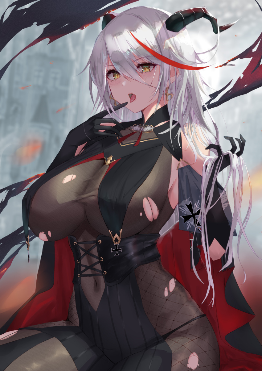 absurdres aegir_(azur_lane) azur_lane bare_shoulders black_cape black_gloves blurry blurry_background bodystocking breast_curtains breasts cape commentary covered_navel cowboy_shot cross cross_earrings demon_horns earrings elbow_gloves female fishnets gloves hair_between_eyes hair_on_horn hand_up highres holding holding_own_hair horns iron_cross jewelry large_breasts long_hair looking_at_viewer multicolored_hair open_mouth red_cape red_hair satou_aji sidelocks sitting solo streaked_hair swept_bangs taut_clothes tongue tongue_out torn_bodystocking torn_clothes two-tone_cape two-tone_hair very_long_hair white_hair yellow_eyes