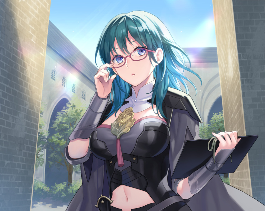 arm_guards armlet armor bespectacled blue_eyes blue_hair bodice breasts building bustier byleth_(female)_(fire_emblem) byleth_(fire_emblem) cape capelet clothing_cutout commentary_request corset day female fire_emblem fire_emblem:_three_houses glasses grey_cape hair_between_eyes hand_up holding large_breasts long_hair midriff navel navel_cutout outdoors parted_lips pink-framed_eyewear short_sleeves shoulder_armor solo sunlight tassel teacher turtleneck underbust upper_body vambraces yamigo