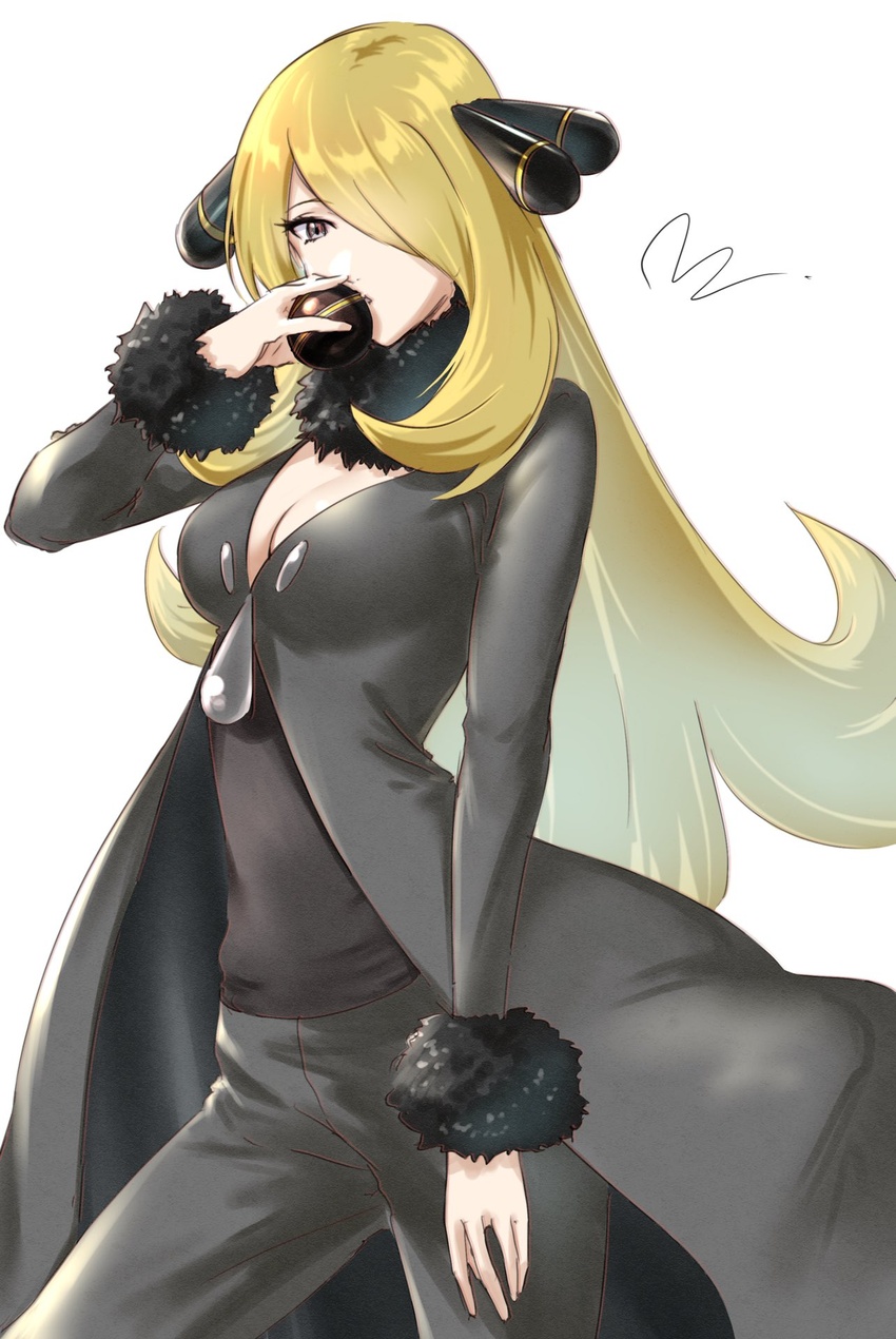 blonde_hair breasts brown_eyes cleavage commentary_request cynthia_(pokemon) female fur_trim hair_ornament hair_over_one_eye highres holding holding_poke_ball kissing_object long_coat long_hair luxury_ball medium_breasts mitsugu poke_ball pokemon pokemon_dppt signature simple_background solo very_long_hair white_background