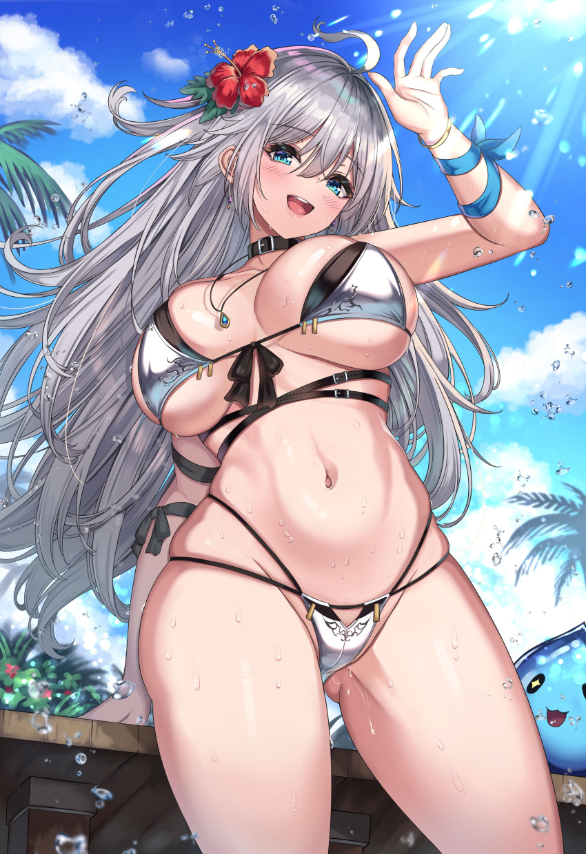 absurdres bare_shoulders bikini blue_eyes blush breasts cenangam cleavage collarbone commission female flower grey_hair hair_flower hair_ornament hibiscus highleg highleg_bikini highres large_breasts long_hair looking_at_viewer navel original outdoors palm_leaf priana second-party_source sky smile solo swimsuit thighs wet