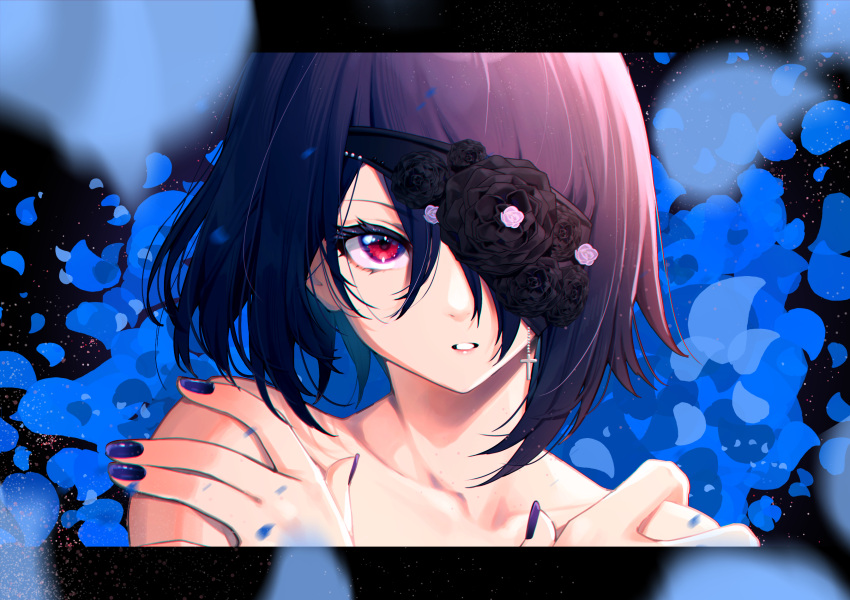 aogiri_koukou black_flower black_rose female flower hair_over_one_eye hands_on_own_shoulders hands_up highres looking_at_viewer mikan_(chipstar182) nail_polish otodama_tamako parted_lips petals portrait purple_hair red_eyes rose short_hair solo virtual_youtuber