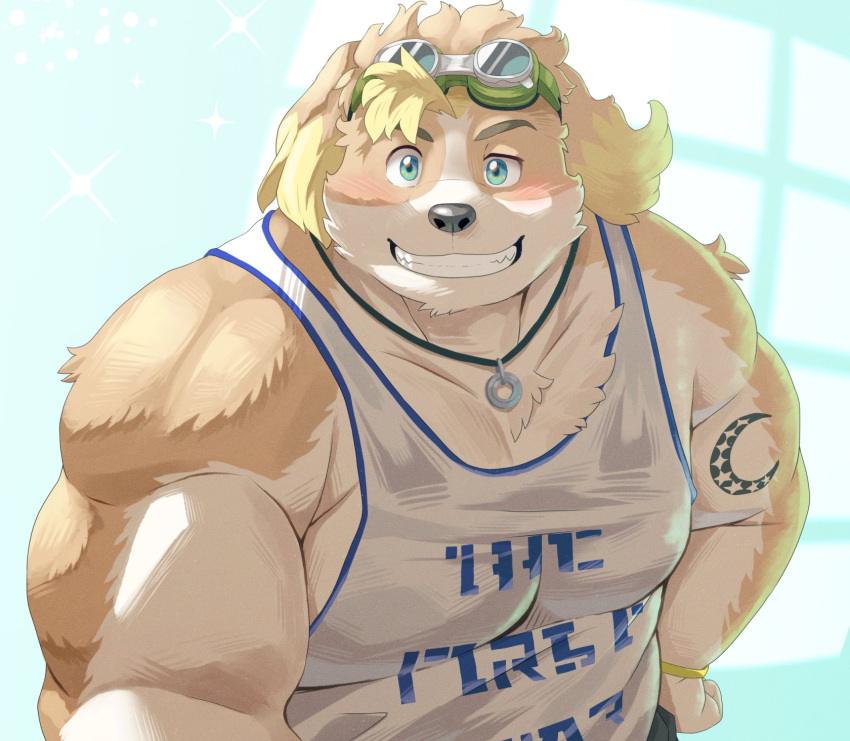 1boy animal_ears arm_tattoo bara belly blush commentary_request crescent_tattoo dog_boy dog_ears furry furry_male fute_(mti777) goggles goggles_on_head half-closed_eye hand_on_own_hip highres hisaki_(live_a_hero) jewelry live_a_hero looking_at_viewer male_focus necklace plump smile sparkle tank_top tattoo white_tank_top