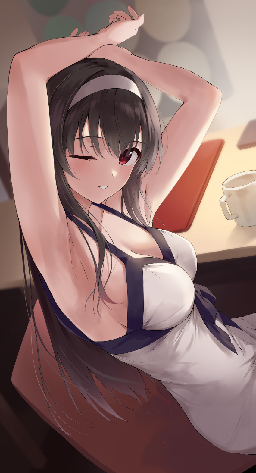 absurdres armpits arms_up black_hair breasts chair commentary cup desk dress female grin hairband highres indoors kasumigaoka_utaha large_breasts long_hair looking_at_viewer one_eye_closed parted_lips red_eyes saenai_heroine_no_sodatekata sitting smile solo straight_hair very_long_hair white_dress white_hairband yanagi_marie