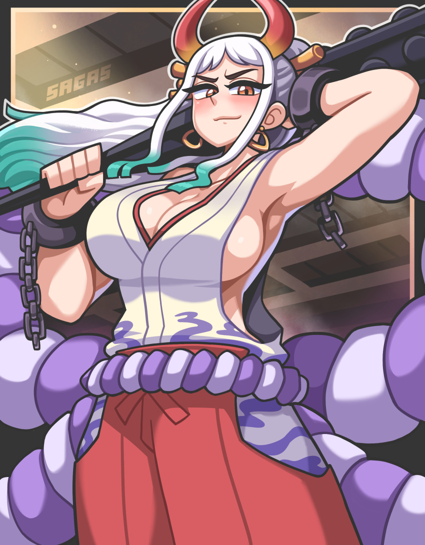 absurdres arm_behind_head armpits artist_name blush breasts brown_eyes chains cleavage club_(weapon) commentary_request cowboy_shot cuffs earrings female gradient_hair green_hair hakama hakama_pants highres horns japanese_clothes jewelry kanabou korean_commentary large_breasts long_hair multicolored_hair one_piece oni outline pants rope sagas293 shackles sideboob sidelocks sleeveless solo weapon white_hair white_outline yamato_(one_piece)