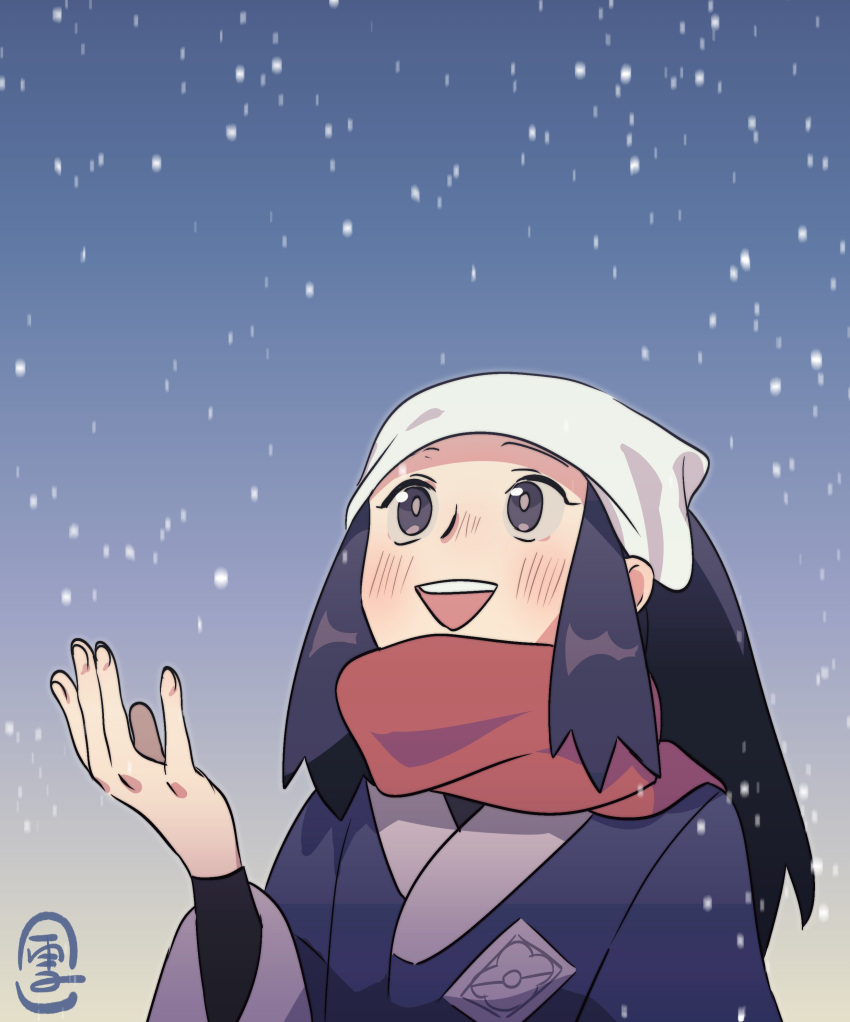 :d absurdres akari_(pokemon) black_hair commentary cosmosully english_commentary female galaxy_expedition_team_survey_corps_uniform grey_eyes hand_up highres long_hair looking_up open_mouth pokemon pokemon_legends:_arceus red_scarf scarf sidelocks smile snowing solo teeth upper_body