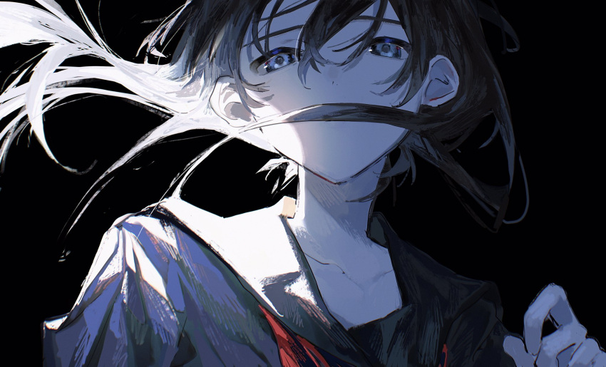 bangs black_background black_hair black_shirt collarbone covered_mouth female hair_between_eyes hair_strand hand_up highres isomu long_hair looking_at_viewer messy_hair original portrait purple_eyes red_neckwear shirt sidelighting solo