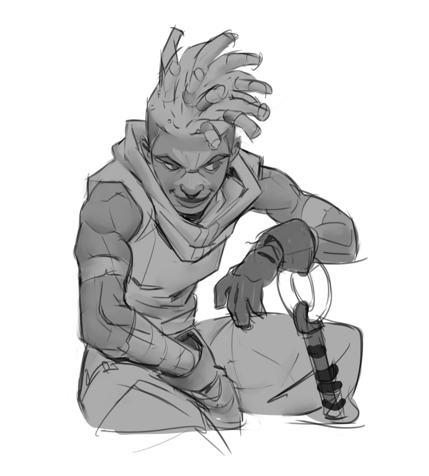 1boy arcane:_league_of_legends bare_shoulders closed_mouth cropped_legs ekko_(league_of_legends) facial_mark firelight_ekko gloves grey_background greyscale highres league_of_legends male_focus monochrome nukain_(napsskai) pants shirt short_hair sideways_glance simple_background solo