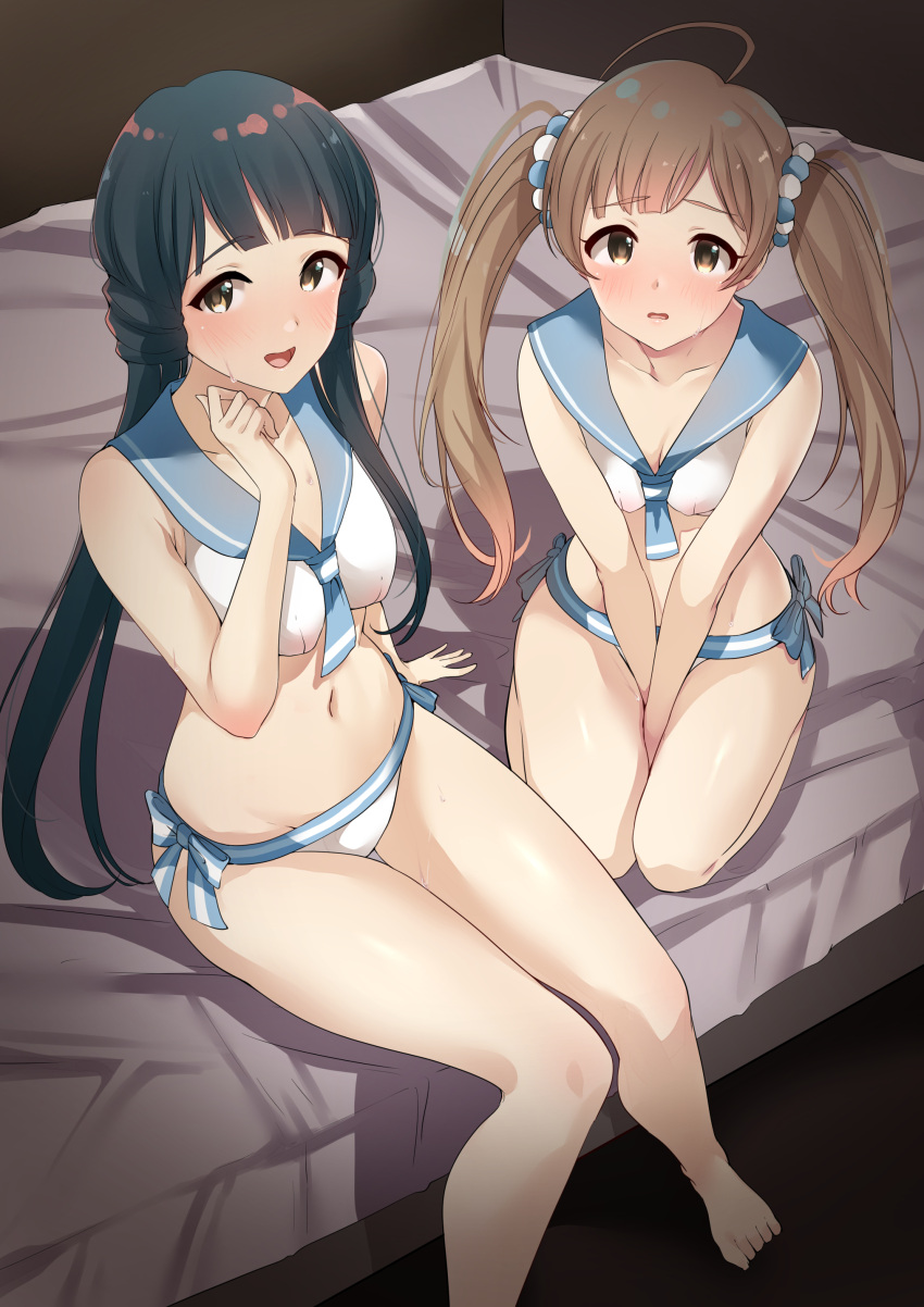 2girls absurdres ahoge bare_legs barefoot bikini blue_hair blush breasts brown_eyes brown_hair cleavage commentary hakozaki_serika highres idolmaster idolmaster_million_live! kitakami_reika long_hair looking_at_viewer low_twintails midriff multiple_girls murabito_c navel on_bed open_mouth sailor_bikini sailor_collar sailor_swimsuit_(idolmaster) seiza sitting small_breasts swimsuit symbol-only_commentary thighs twintails